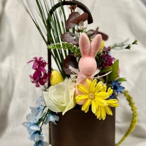 Whimsical Faux Floral Arrangement with Pink Bunny